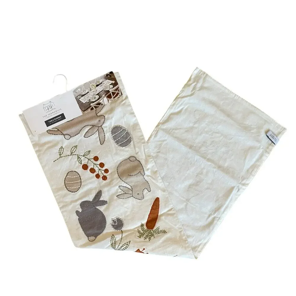 The Farmhouse Easter Bunny Rabbit Table Runner 14x48 Beige Embroidered New